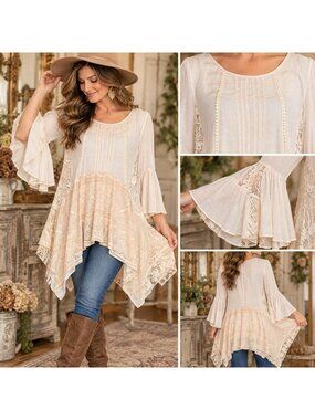 Ryu Ryu Womens S Oversized Lace Tunic Top Shabby Chic Boho Lagenlook Bell Sleeve
